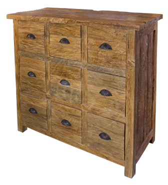 Schubladenkommode 3x3=9 aus Massivteak dunkel, Schubladen mit Muschelbeschlag